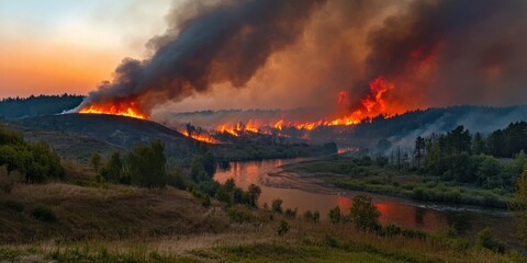 Fototapeta premium Dramatic forest fire spreading across hills at sunset with dense smoke rising