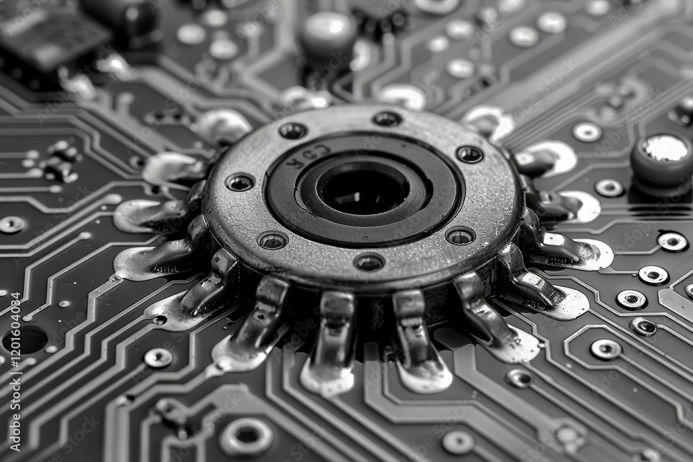 Fototapete fragment of digital device featuring monochrome display on pcb with connected wires and controls