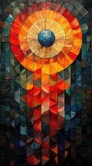 Abstract geometric mosaic with a radiant central orb. Warm colors cascade downwards. Ideal for wall art, prints, or digital backgrounds.