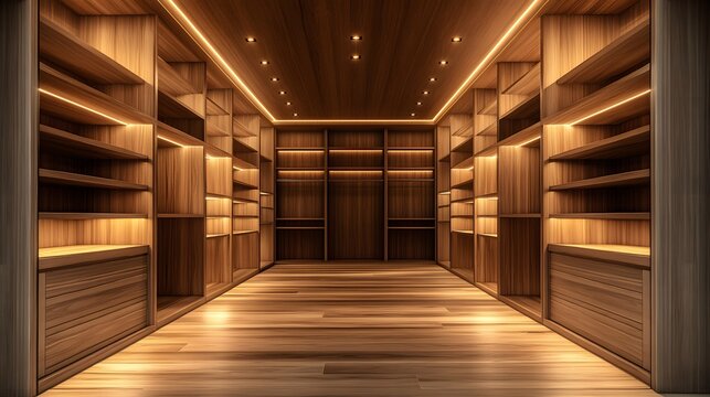 Modern walk-in closet features luxury wooden paneling, empty shelving units, and polished hardwood floor, showcasing minimalist interior design with dramatic spotlighting and elegant storage