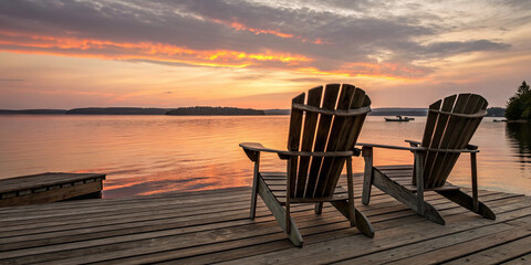Charming Wooden Chairs on a Pier with a Beautiful Lake View