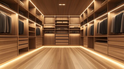 Modern walk-in closet features luxury wooden paneling, empty shelving units, and polished hardwood floor, showcasing minimalist interior design with dramatic spotlighting and elegant storage