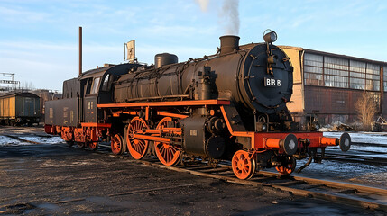 Naklejka premium Historic steam locomotive at railway depot, winter sunlight, industrial background; ideal for transportation, history, or industrial themes