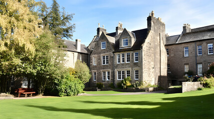 Historic stone house courtyard garden sunny day; peaceful residential area; real estate, tourism