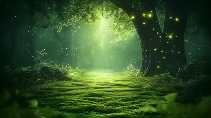 Mystical night forest pathway reveals moonlit woodland, dark tree silhouettes, and glowing fireflies amid ethereal green fog, creating enchanted atmosphere in dreamy landscape setting.