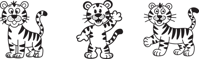 Cute Cartoon Tigers in Black and White