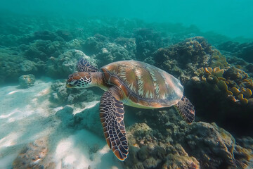 Naklejka premium Majestic green sea turtle gracefully glides through crystal-clear turquoise water, exploring a vibrant coral reef ecosystem