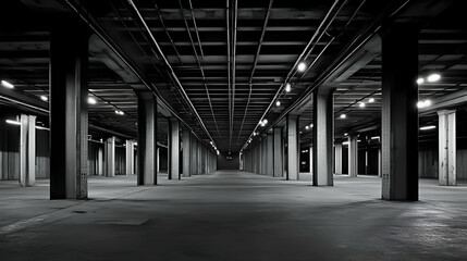 Industrial building interior, vast empty space, concrete floor, metal pillars, background lighting; perfect for architectural or industrial design