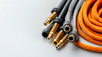 Industrial hoses and connectors on white background, ideal for engineering or manufacturing websites