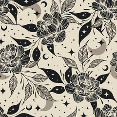 Magic seamless vector pattern with flowers, moons and stars. Boho pattern for astrology, esoteric, tarot, mystic and magic. 