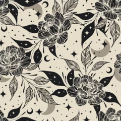 Fotobehang Stijlen patronen Magic seamless vector pattern with flowers, moons and stars. Boho pattern for astrology, esoteric, tarot, mystic and magic.   © Любовь Овсянникова