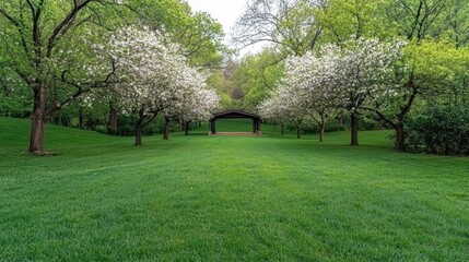 Spring park, blossoming trees, pavilion, green lawn, peaceful scene, nature background, ideal for travel brochures