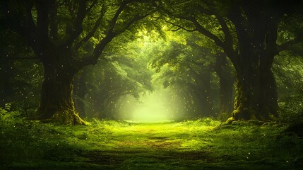 Fototapeta premium Mystical night forest pathway reveals moonlit woodland, dark tree silhouettes, and glowing fireflies amid ethereal green fog, creating enchanted atmosphere in dreamy landscape setting.