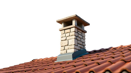 Naklejka premium A pristine brick chimney stands tall against a backdrop of terracotta tiles, bathed in sunlight. The scene evokes a sense of warmth, security, and architectural elegance, a testament to timeless desig
