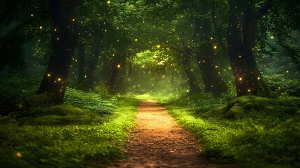 Obraz premium Mystical night forest pathway reveals moonlit woodland, dark tree silhouettes, and glowing fireflies amid ethereal green fog, creating enchanted atmosphere in dreamy landscape setting.