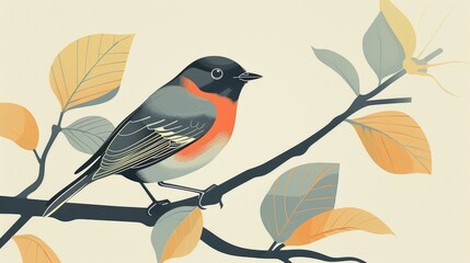 A stylized bird perched on a branch surrounded by autumn leaves.