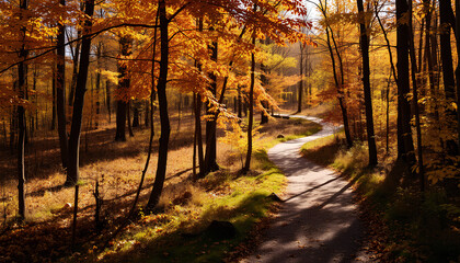 Obraz premium Scenic Autumn Forest Path in Vibrant Foliage During Daylight