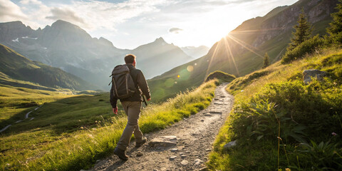 A White Male Hiking on a Trail in the Mountains, Embracing Nature's Beauty