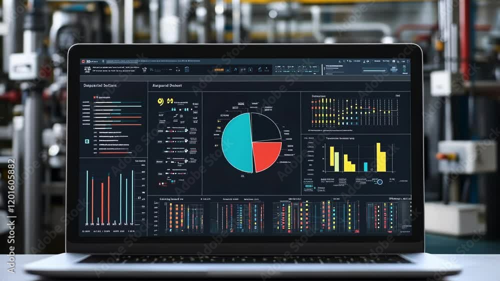 Poster industrial automation software displaying real time performance metrics on laptop screen, monitoring