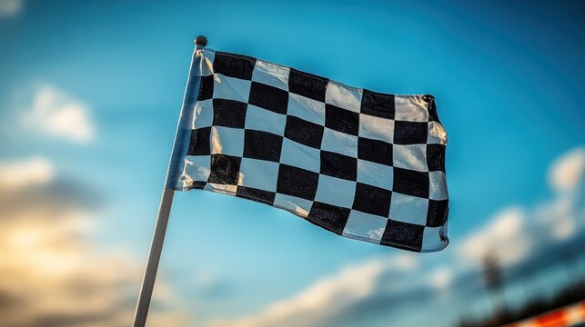 Checkered flag waving against a blue sky. - Powered by Adobe
