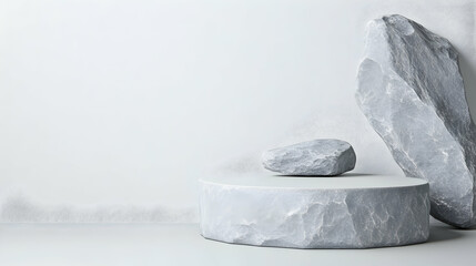 Minimalist stone podium display, textured rocks, white background, product presentation