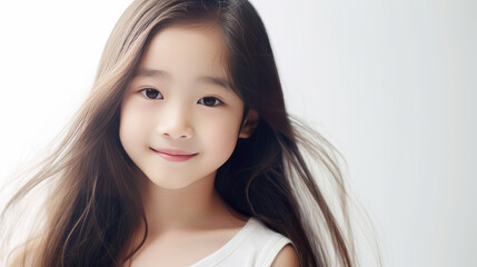 Fototapeta premium Portrait of smiling asian girl child with long white hair creamy white background.