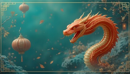 Happy Chinese New Year 2025 background featuring a traditional Chinese snake design with ample copy space, celebrating the Year of the Snake and Lunar New Year festivities.