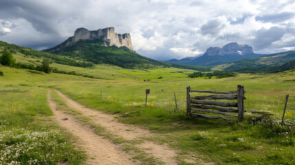 Mountain Valley Trail Dirt path leading to majestic cliffs under a dramatic sky. Ideal for travel, nature, and adventure publications
