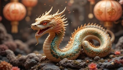 Fototapeta premium Traditional Chinese snake design for Happy Chinese New Year 2025, Year of the Snake. Festive artwork celebrating the Lunar New Year with vibrant backgrounds.