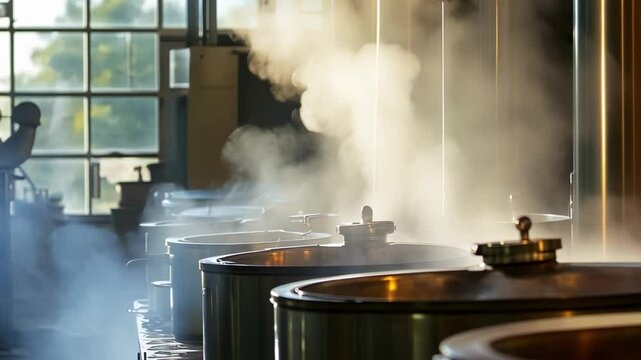 An intimate view of a smallscale distillation station capturing the steam rising from vessels filled with aromatic herbs as a distiller monitors the process of extracting essential