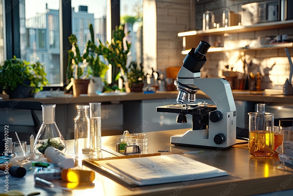 Poster microscope in a modern laboratory setting, illuminated workbench with glassware and research samples