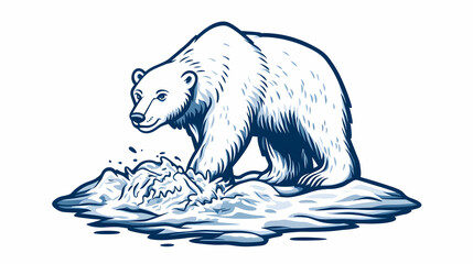 Polar bear fishing in icy water, arctic landscape background; wildlife illustration