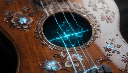 A beautifully crafted wooden guitar ornamented with floral carvings and futuristic glowing strings, combining artistry and technology in a harmonious aesthetic.