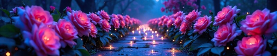 Fototapeta premium A pathway of twinkling lights leads through pink and blue roses, night, mystical, flower
