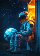 Fototapeta premium Astronaut waiting at a deserted bus stop under a starry sky