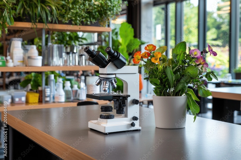 Poster microscope with slides, vibrant lab setting featuring modern technology and glassware