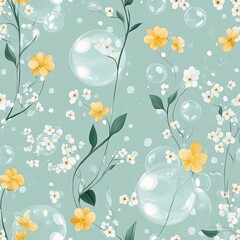 A whimsical design where flowers grow out of floating bubbles in a seamless pattern . Seamless abstract 3d pattern background
