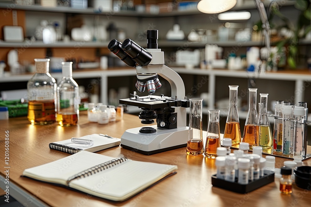 Poster focused shot of a microscope on a lab bench, surrounded by chemical reagents and notebooks