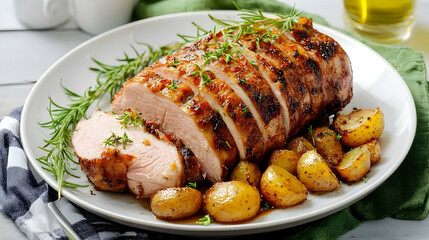Roasted pork loin with roasted potatoes, herbs, and gravy.  Delicious meal for family dinner