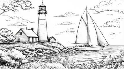 Fototapeta premium Lighthouse and sailboat coloring book pages for children and adults with vector design
