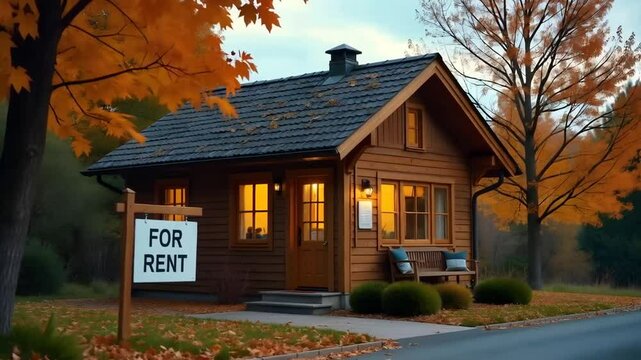 A 'For Rent' real estate sign positioned outside a cozy, small office building made of wood