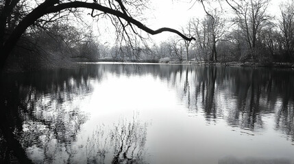 Serene winter lake reflection, bare trees, calm water, peaceful background, nature photography