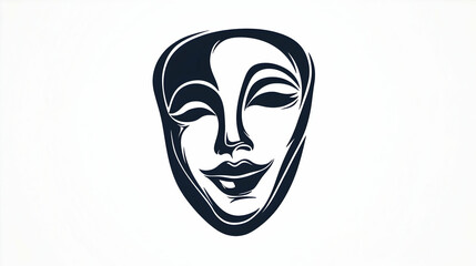 Smiling theatrical mask, artistic design, white background, graphic art, ideal for theatre posters