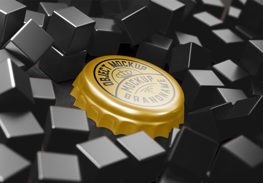 Scene with Metal Bottle Cap and 3D Cubes Mockup