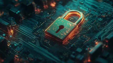 Concept of cybersecurity and information protection. The Padlock on circuit motherboard and, futuristic blue background. Secure technology and computer network protection. Vector illustration.