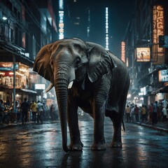An elephant in a bustling urban cityscape at night.