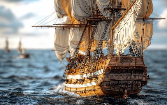 Majestic sailing ship at sea, full sail, close-up.
