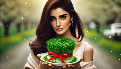 nowruz norooz nowrooz Iranian girl woman holding sabzeh red ribbon for Persian new year, greeting card, spring blossoms horizontal background wallpaper, zan zendegi azadi, woman life freedom