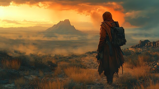 Cinematic still from a post-apocalyptic movie, featuring a lone wanderer traversing a desolate and ravaged landscape, with hauntingly beautiful visuals and stunning dystopian aesthetics. 