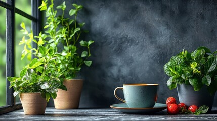 Indoor herb garden with potted plants on a rustic table